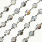 Load image into Gallery viewer, Coated Grey Moonstone Round Shape Bezel Oxidized Wire Chain. CMS105
