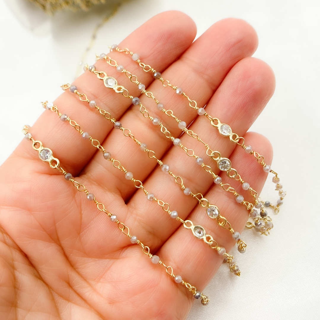 Coated Multi Moonstone & CZ Gold Plated Wire Chain.