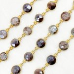 Load image into Gallery viewer, Coated Chocolate Moonstone Round Shape Bezel Gold Plated Wire Chain.