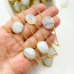 Load image into Gallery viewer, White Moonstone Organic Shape Bezel Gold Plated Connected Wire Chain