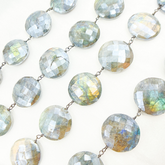 Coated Labradorite Coin Shape Oxidized Wire Chain