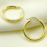 Load image into Gallery viewer, 14K Gold Hoop Earrings with Engraved Tornado Design.
