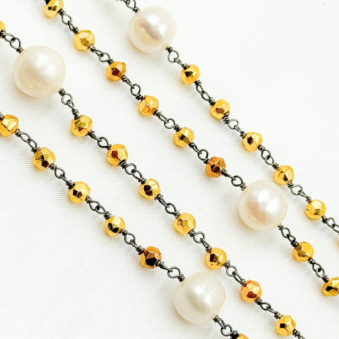 Golden Pyrite & Pearl Oxidized 925 Sterling Silver Wire Chain.