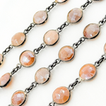 Load image into Gallery viewer, Coated Peach Moonstone Round Shape Bezel Oxidized Wire Chain