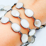 Load image into Gallery viewer, Coated White Moonstone Shape Bezel Oxidized Wire Chain.