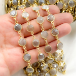 Load image into Gallery viewer, Coated Light Grey Moonstone Round Shape Bezel Gold Plated Wire Chain.