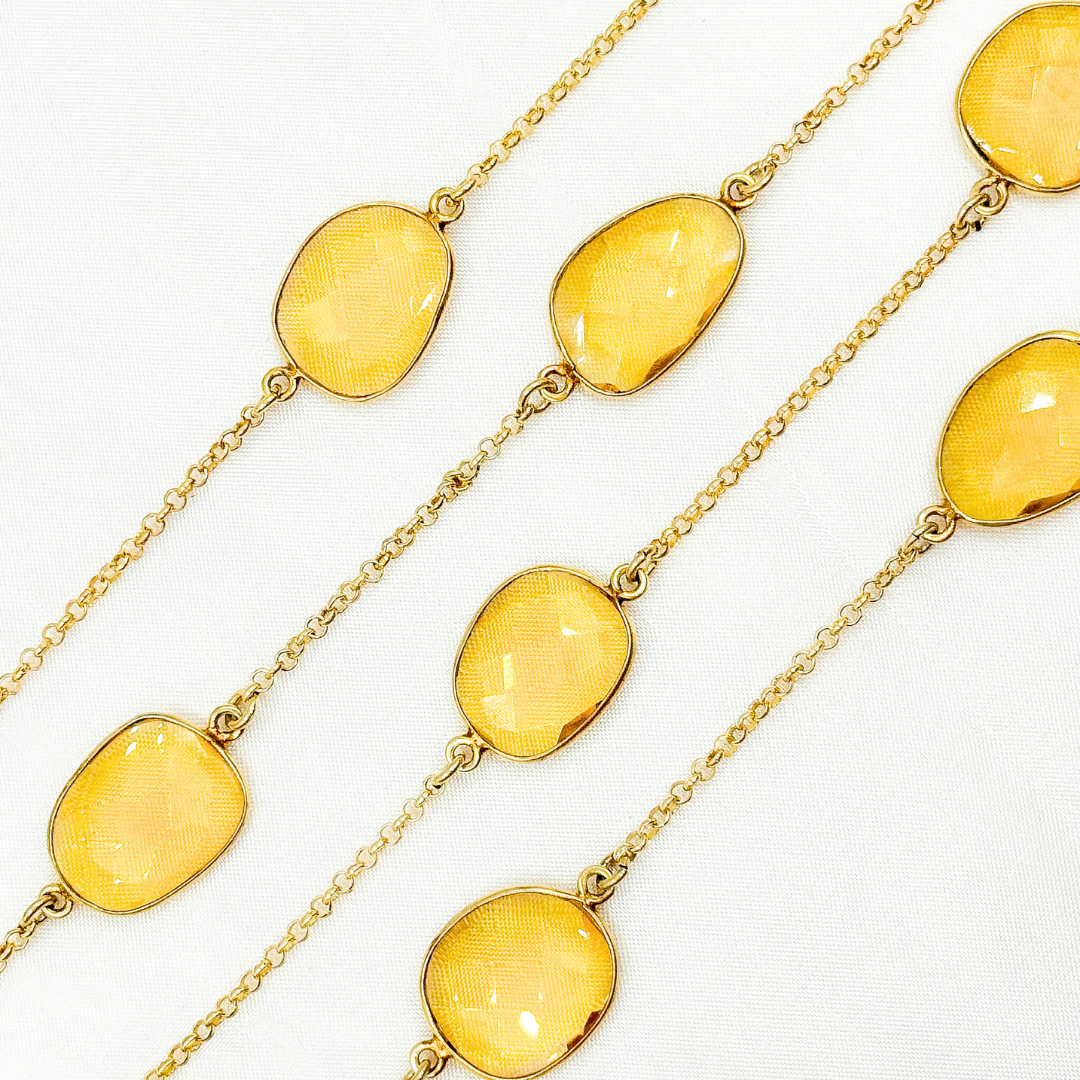 Hydro Quartz Citrine Organic Shape Bezel Gold Plated Connected Wire Chain.