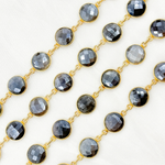 Load image into Gallery viewer, Coated Grey Moonstone Round Shape Bezel Gold Plated Wire Chain.