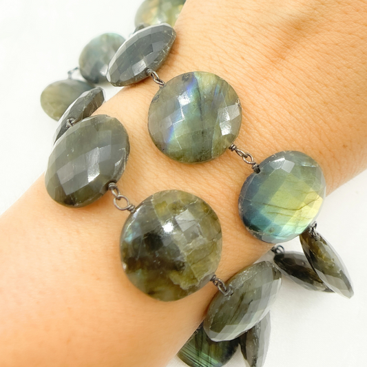 Labradorite Coin Shape Oxidized Wire Chain.