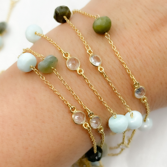 Peruvian Opal Rondel Shape & White Topaz Gold Plated Connected Wire Chain.