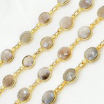 Load image into Gallery viewer, Coated Light Grey Moonstone Round Shape Bezel Gold Plated Wire Chain