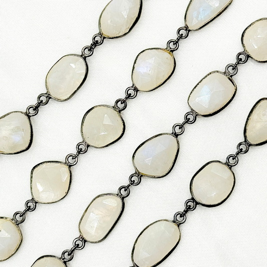White Moonstone Organic Shape Bezel Oxidized Wire Chain.