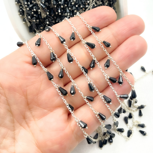 Black Spinel Drop Dangle 925 Sterling Silver Wire Chain.