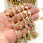 Load image into Gallery viewer, Coated Light Grey Moonstone Round Shape Bezel Gold Plated Wire Chain.