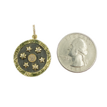 Load image into Gallery viewer, 925 Sterling Silver Black Rhodium with Diamonds Circle Shape Charm with Flowers and Stars in the Center.