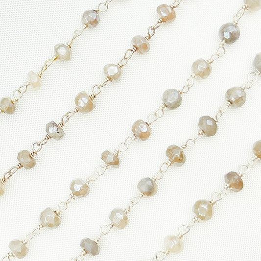 Coated Grey Moonstone 925 Sterling Silver Wire Chain.
