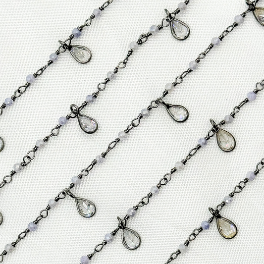 Coated Blue Quartz & CZ Dangle Oxidized Wire Chain.