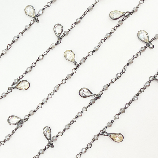 Coated Labradorite & CZ Dangle Oxidized Wire Chain