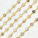 Load image into Gallery viewer, Coated Light Grey Moonstone Round Shape Bezel Gold Plated Wire Chain