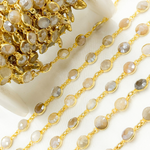 Load image into Gallery viewer, Coated Light Grey Moonstone Round Shape Bezel Gold Plated Wire Chain.