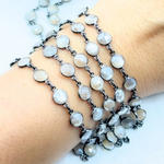 Load image into Gallery viewer, Coated White Moonstone Round Shape Bezel Oxidized Wire Chain.