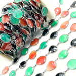 Load image into Gallery viewer, Green, Black & Red Onyx Organic Shape Bezel Oxidized Silver Wire Chain.