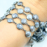 Load image into Gallery viewer, Coated Grey Moonstone Round Shape Bezel Oxidized Wire Chain.