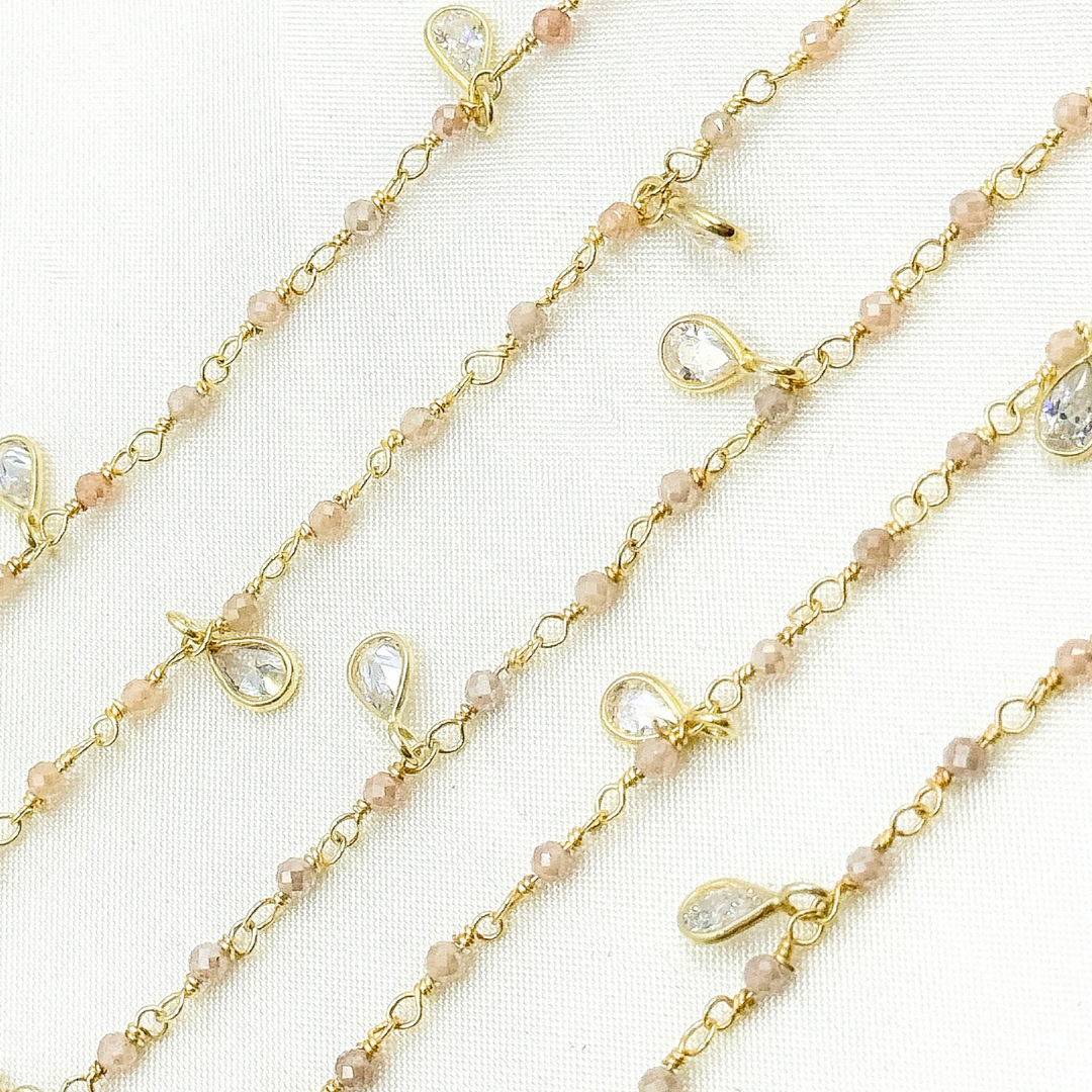 Coated Peach Moonstone & CZ Dangle Gold Plated Wire Chain.