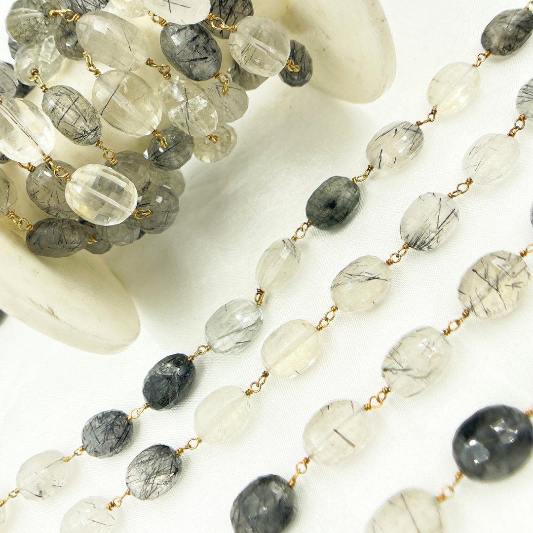 Black Rutile Oval Shape Gold Plated Wire Chain.
