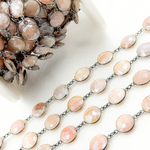 Load image into Gallery viewer, Coated Peach Moonstone Round Shape Bezel Oxidized Wire Chain
