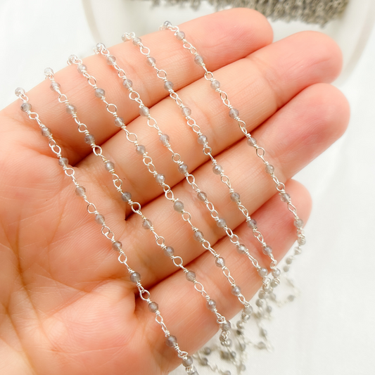 Coated Grey Moonstone 925 Sterling Silver Wire Chain