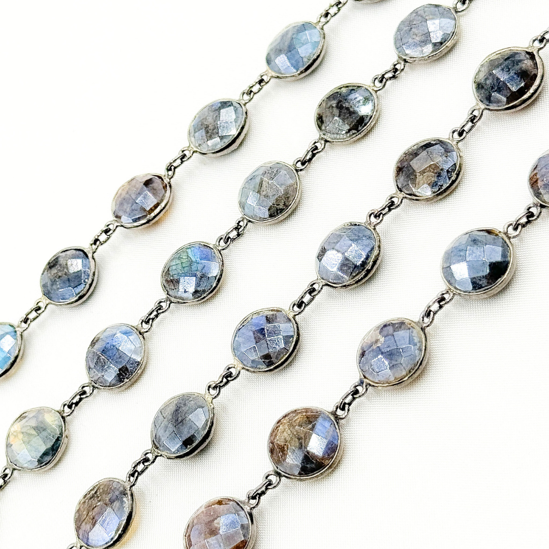 Coated Labradorite Round Shape Bezel Oxidized Wire Chain