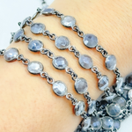 Load image into Gallery viewer, Coated Grey Moonstone Round Shape Bezel Oxidized Wire Chain.