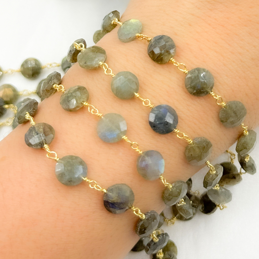 Labradorite Coin Shape Gold Plated 925 Sterling Silver Wire Chain