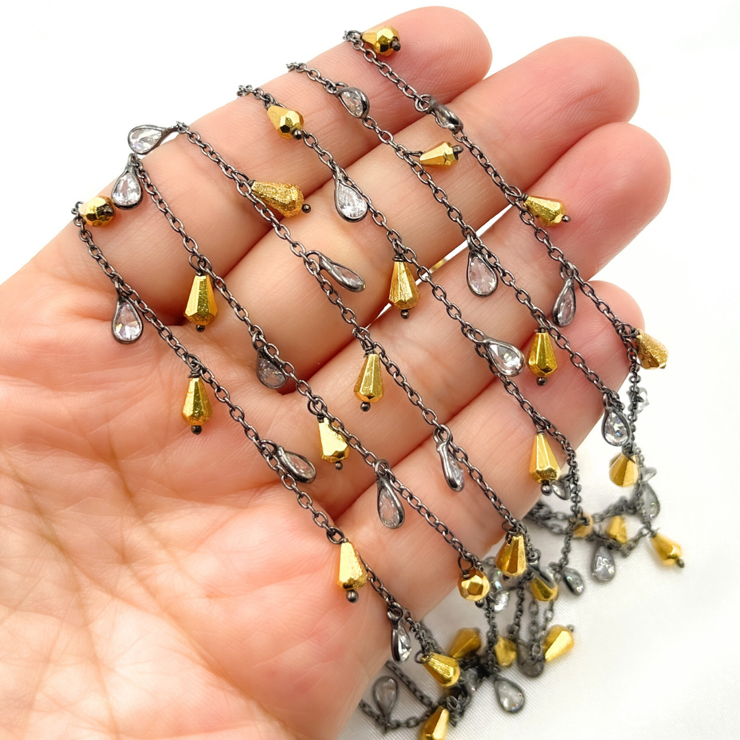 Golden Pyrite Drop & CZ Pear Shape Dangle Oxidized Wire Chain.