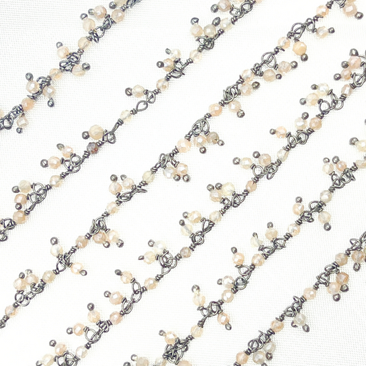 Coated Peach Moonstone Cluster Dangle Oxidized Wire Chain.