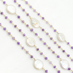 Load image into Gallery viewer, Amethyst & Pearl Round Shape Bezel Gold Plated Wire Chain.