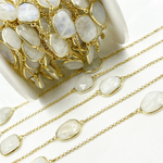 Load image into Gallery viewer, White Moonstone Organic Shape Bezel Gold Plated Connected Wire Chain.
