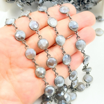 Load image into Gallery viewer, Coated Grey Moonstone Round Shape Bezel Oxidized Wire Chain. CMS105
