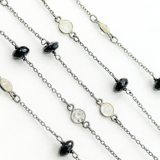 Black Spinel Rondel Shape & White Topaz Oxidized Connected Wire Chain.