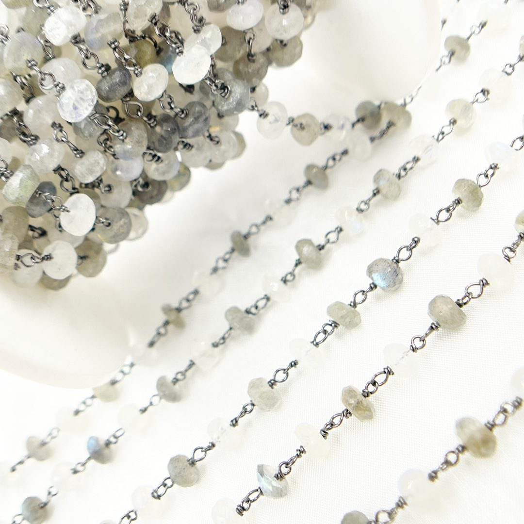 Labradorite & White Rainbow Moonstone Oxidized Wire Chain.
