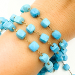 Load image into Gallery viewer, Turquoise Cube Shape Gold Plated Wire Chain