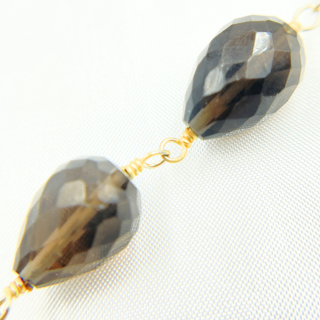Smoky Quartz Pear Shape Gold Plated 925 Sterling Silver Wire Chain