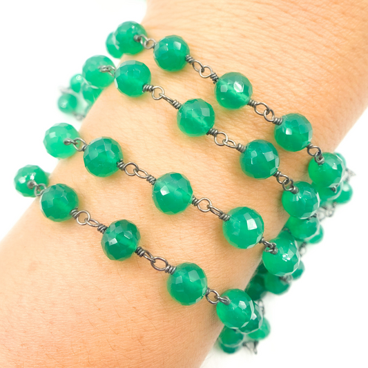 Green Onyx Rondel Faceted Shape Oxidized Wire Chain