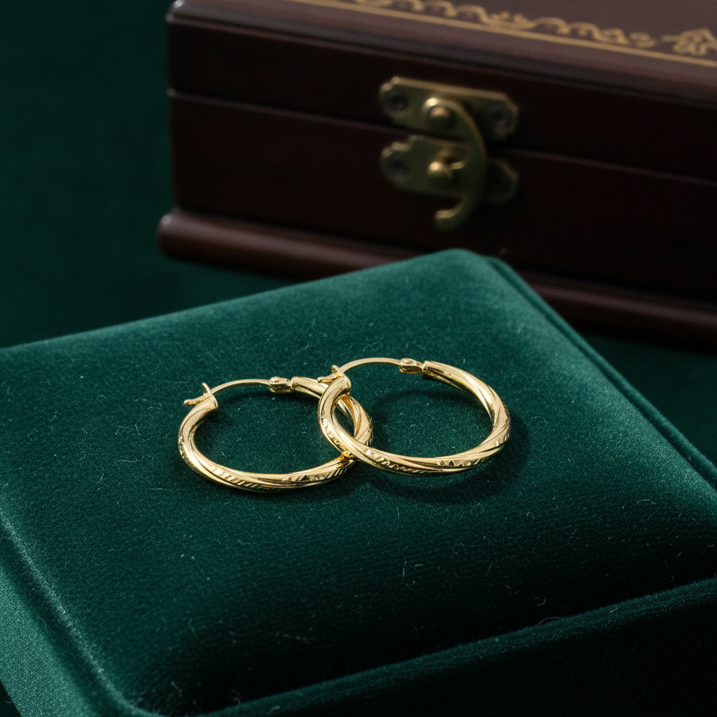 GER69. 14K Gold Hollow Hoop Earrings with Engraved Tornado Design