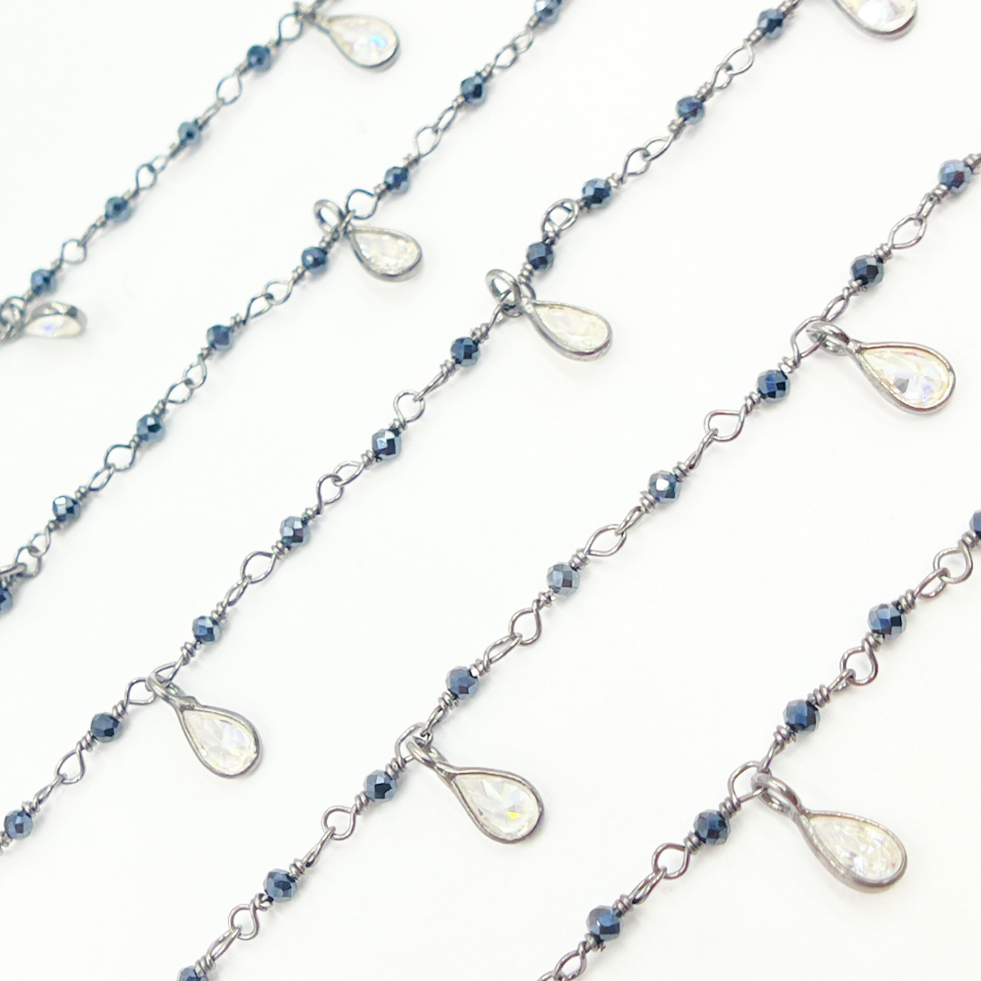Coated Black Spinel & CZ Dangle Oxidized Wire Chain