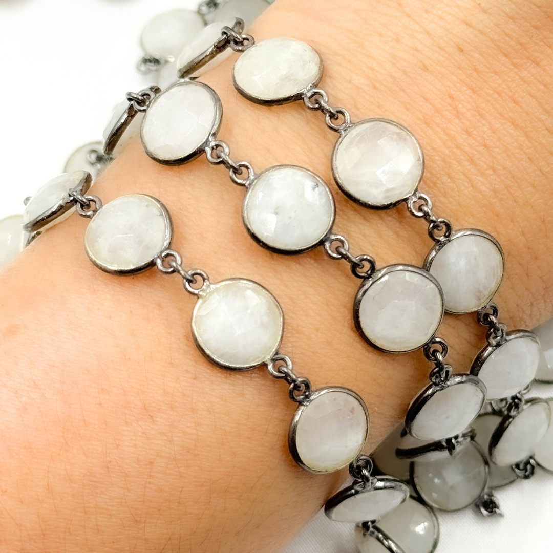 White Moonstone Round Shape Bezel Oxidized Wire Chain