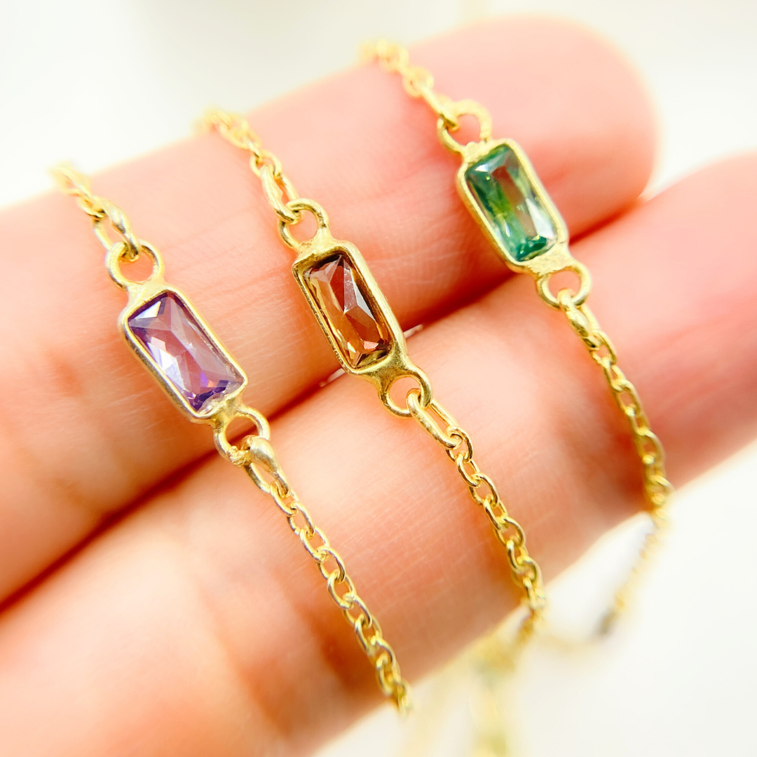 Multi Color Cubic Zirconia Rectangular Shape Connected Chain