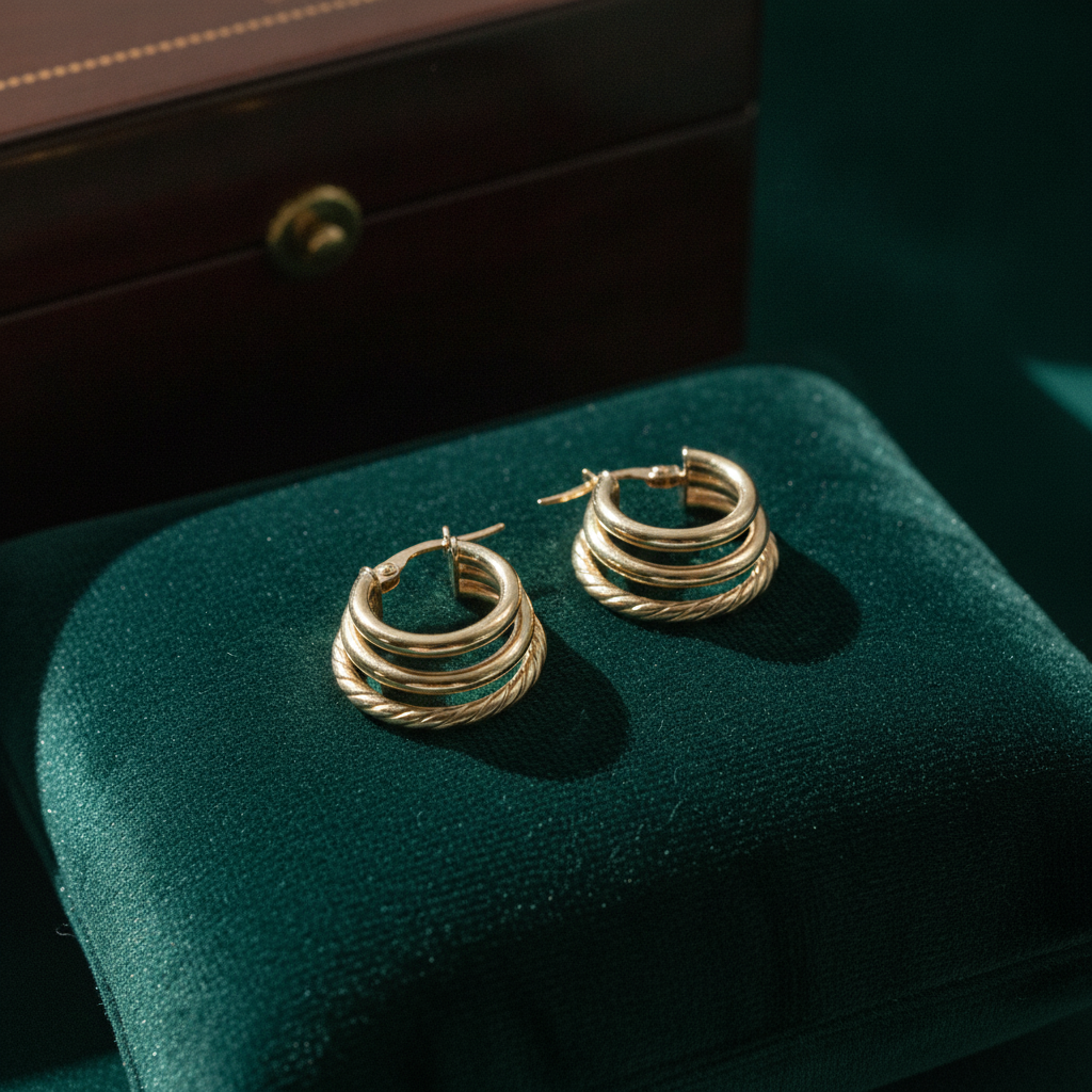 15850007166. 14K Solid Gold Smooth and Textured Triple Line Hollow Hoop Earrings