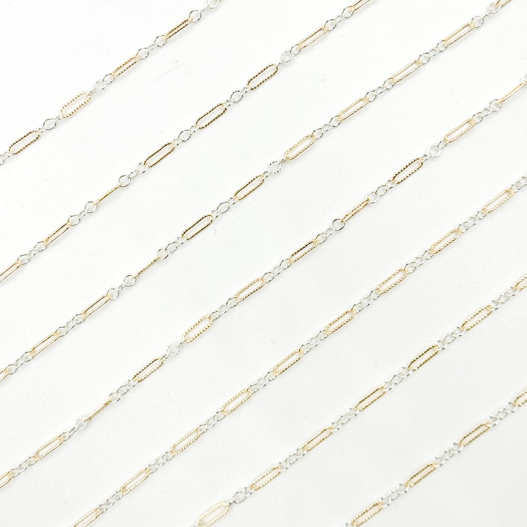 XM/1003K. 14K Gold Filled and Sterling Silver Knurled Link Chain – Long & Short Pattern